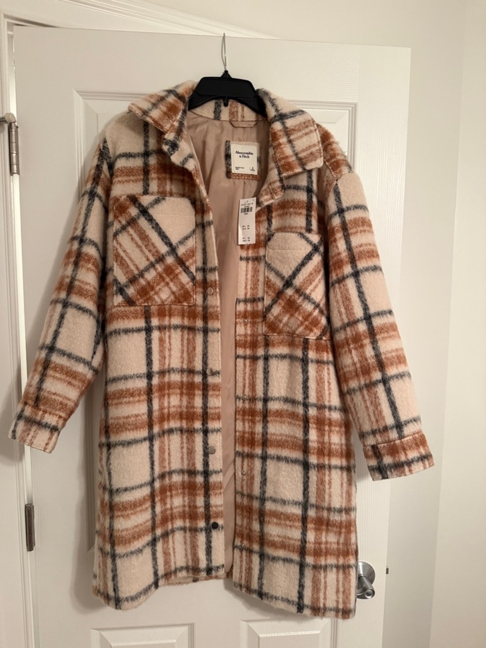 Abercrombie & Fitch Cream Plaid Shacket with Brown and Charcoal Stripes
